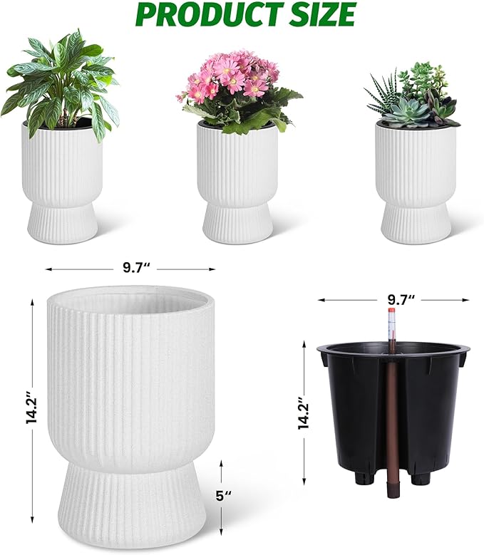 14.2" Tall Planters Set of 2, Large Indoor/Outdoor Self-Watering Plant Pots with Drainage, Water Level Monitor & Wheels, Flower Pots for Patio, Porch, Living Room, Home Office