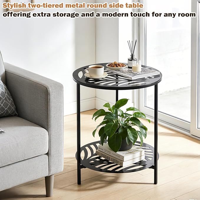 17.7" Two-tiered Metal Round Side Tables Extra-large Black Outside End Table for Patio Round Accent Garden Corner Stand for Small Spaces Weather-resistant Coffee Table for Balcony Porch Plant Stand
