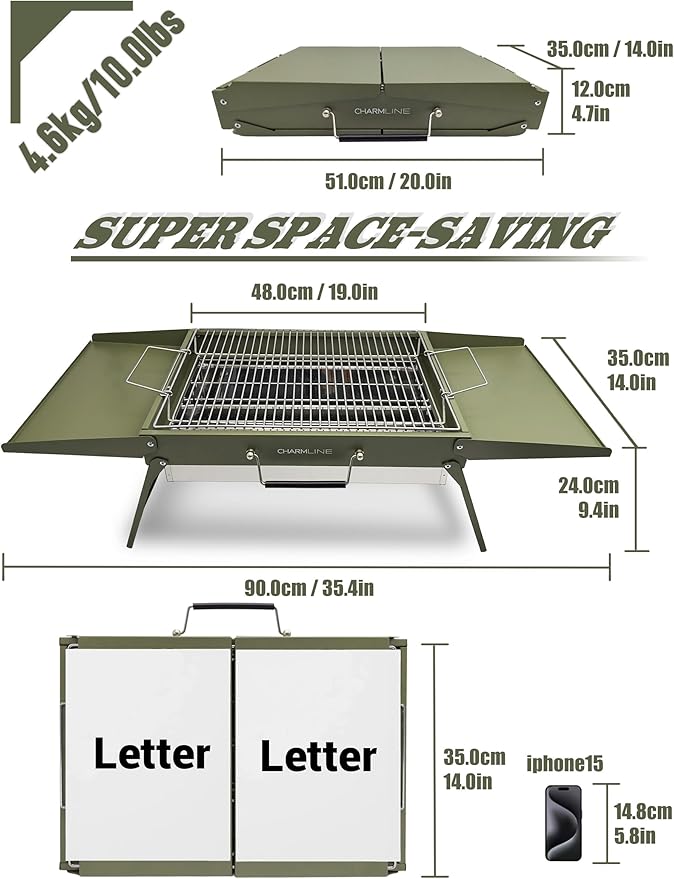 Charmline 20x14 inches Big Portable Charcoal Grill, Compact Grill with Liftable Grilling Net, Saving Space Barbeque Grill for Camping, Picnics, Gardens and Beach Parties, Green, Max