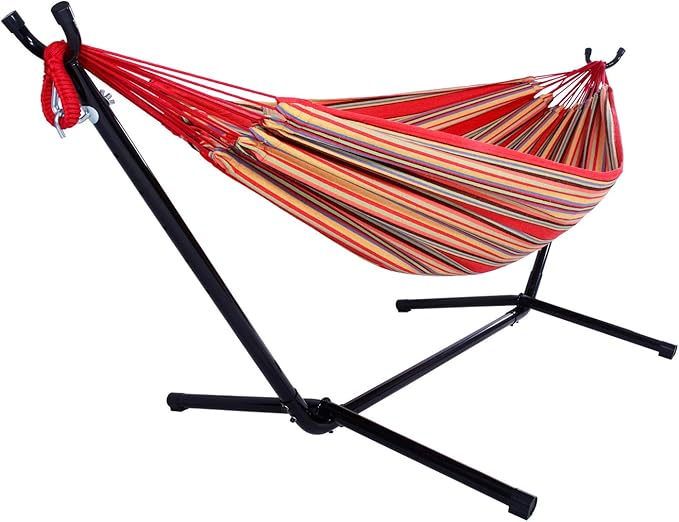 Portable Outdoor Polyester Hammock Set,Single Person Brazilian Hammock,Garden Cotton Hammocks,Indoor Swing Hammock Chair,with Stand & Carry Bag,for Outside Patio Porch Poolside Backyard (Red)