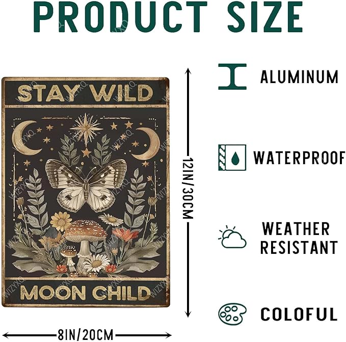 Funny Metal Signs Butterfly Stay Wild Moon Child Vintage Tin Sign Retro Wall Decor for Home Office Farmhouse Yard Garden Shop Cafe Indoor Outdoor 8×12 Inches