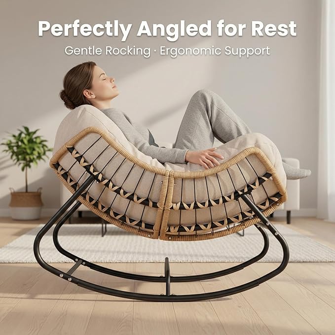 SWITTE Outdoor Rocking Chair, Oversized Patio Papasan Rocker, Comfy Wicker Reading Lounge, Indoor Egg Chair for Bedroom, Living Room, Porch, Garden, Lawn-Cream