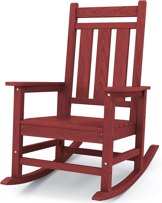 KINGYES Oversized Outdoor Rocking Chair, All-Weather Patio Rocking Chairs for Porch, HDPE Outdoor Patio Rockers with High Back & Wide Seat for Garden, Lawn, Red