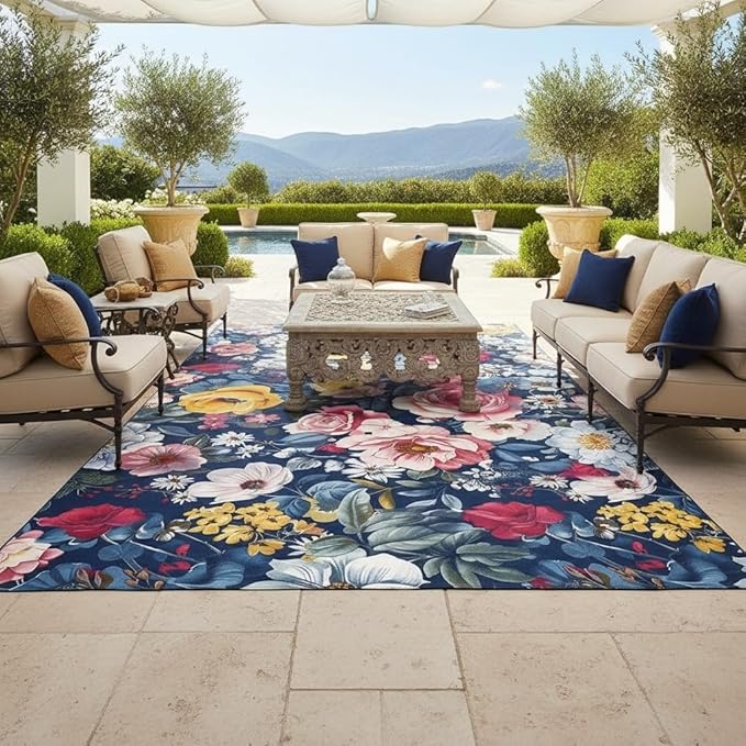 3D Printed Navy Blue Pink Yellow Floral Outdoor Rug Retro Flower Texture 8x10 Waterproof Outdoor Area Rug for Balcony Backyard Patio Garden Washable Outside Carpet Non Slip Deck Porch Floor Mat