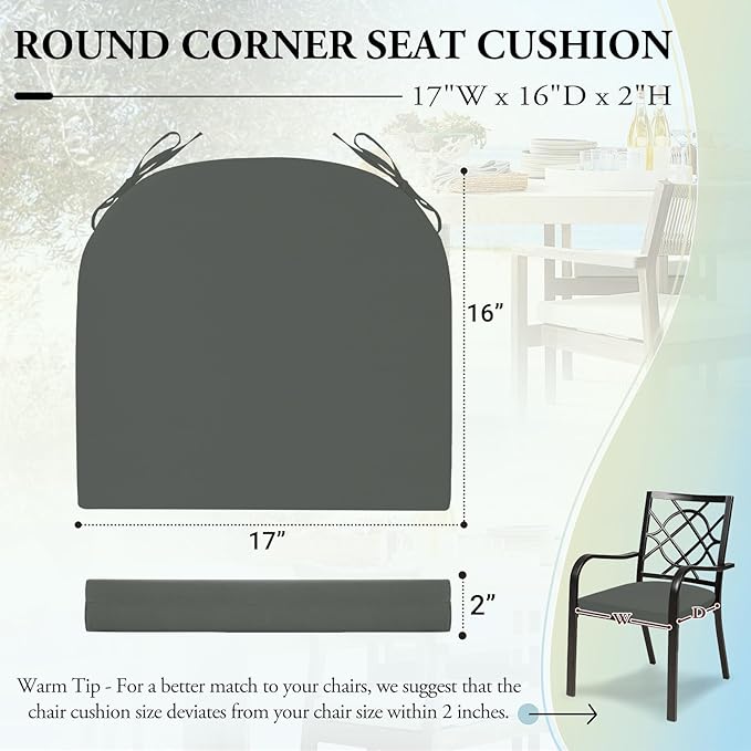 Wellsin Outdoor Chair Cushions for Patio Furniture - Patio Chair Cushions Set of 6 - Water Resistant Round Corner Outdoor Seat Cushions 17"X16"X2", Dark Grey