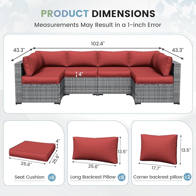 UDPATIO Replacement Cushions for Outdoor Furniture, 14 Piece Water-Repellent Cushions for 6 Seat Sectional Sofa, Burgundy