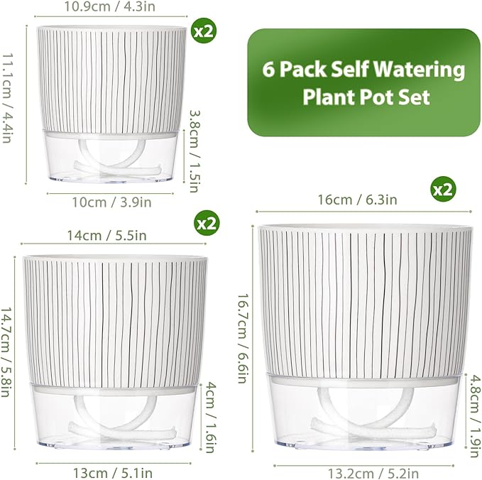 6 Pack Self Watering Pots for Indoor Plants, 4+5.5+6.3 Inch Self Watering Plant Pots Set, Flower Pots with Wick Rope and Reservoir for African Violet, Spider Plant, Orchid