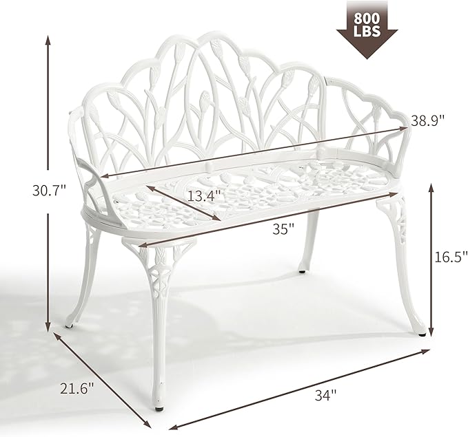 HOMEFUN Outdoor Bench, Patio Garden Benches Metal Loveseat Cast-Aluminum Outside Furniture for Park Lawn Front Porch White