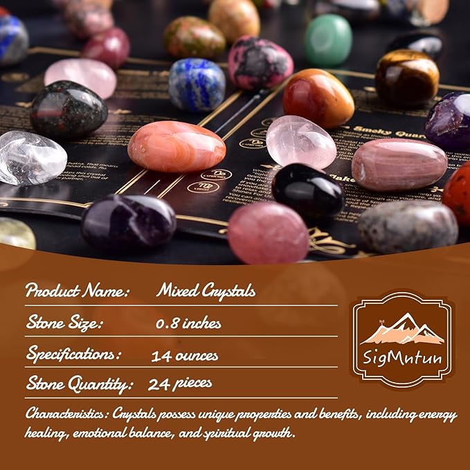 Polished Colorful Crystal Stone Set – 24 Types, 0.8" Large Tumbled Gemstones, Bulk Decorative Pretty Rocks Collection for Meditation, Reiki, Healing, Mancala Stones and Crafts