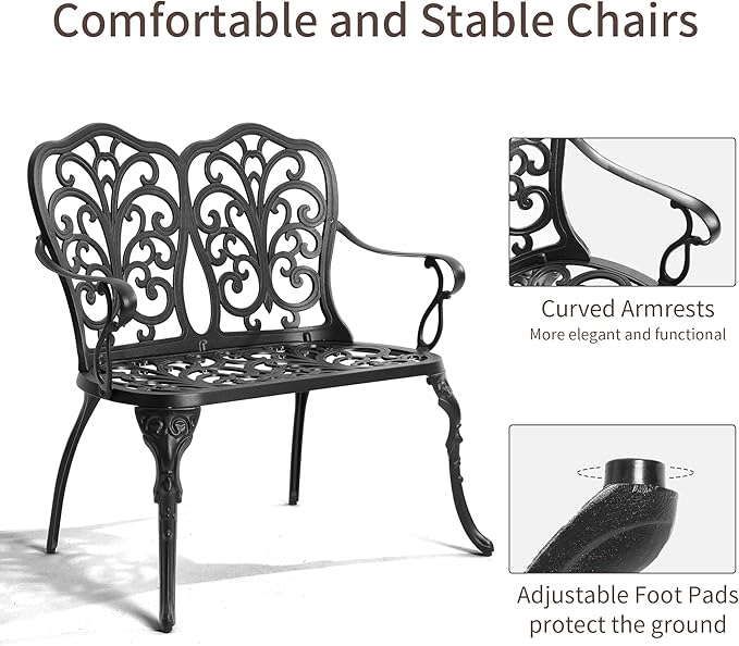 HOMEFUN Outdoor Bench, Patio Garden Benches Metal Loveseat Cast-Aluminum Outside Furniture for Park Lawn Front Porch Black