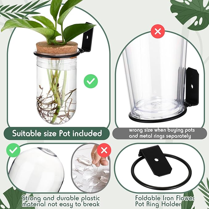 Baderke 6 Set Wall Plant Holder with Plastic Propagation Vases Hanging Planter Wall Mounted Set for Plants Growing in Water Hydroponic Artificial Plants Indoor Decor (2.48" X 4.72",Test Tube)