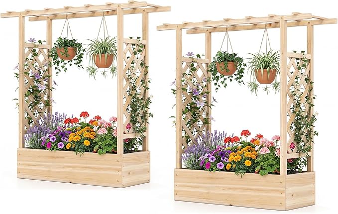 Raised Garden Bed with Trellis, Wood Planter Box w/Trellis, Hanging Roof, Drainage Holes, Freestanding Planter Raised Bed for Outdoor Climbing Plants Flowers, Patio Yard Balcony (2, Natural)