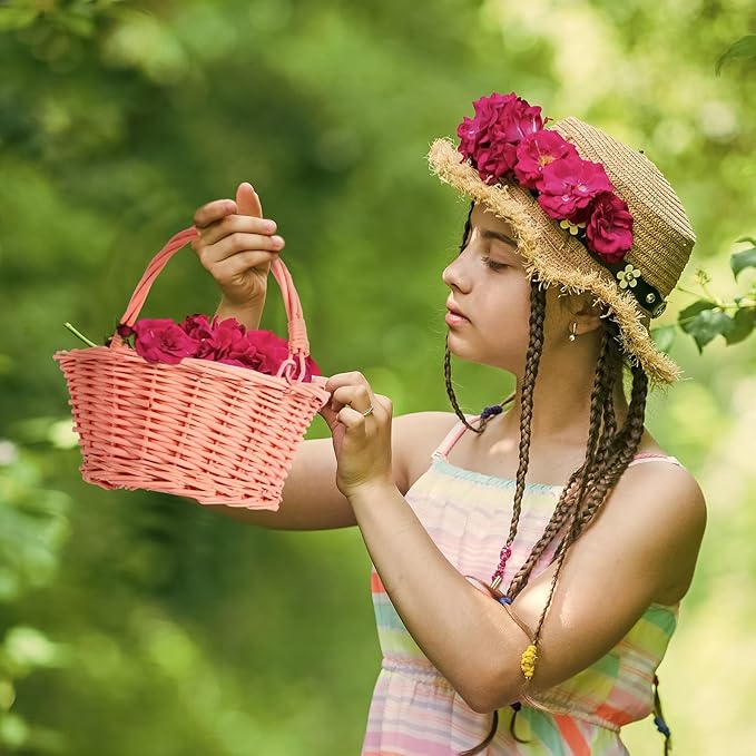 Barydat 6 Pcs Small Wicker Picnic Basket with Handle Flower Girl Baskets Oval Willow Woven Braided Gift Basket for Easter Weddings Baby Shower Home Garden Decor (Colorful,9" x 7" x 4")