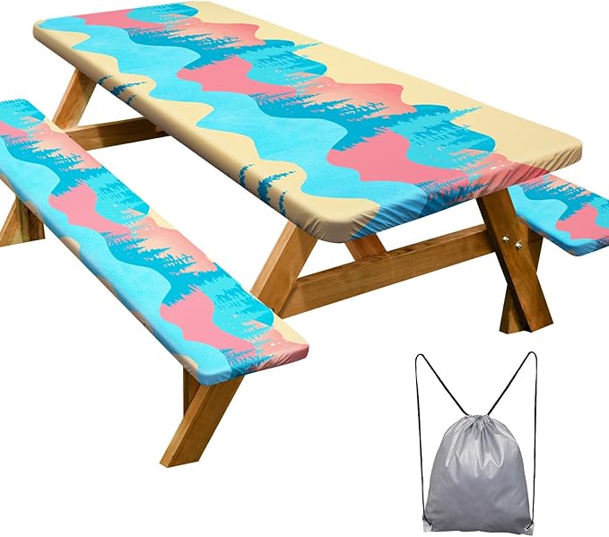 Picnic Table Cover with Bench Covers 6FT 3 Pcs Waterproof Windproof Aesthetic Camping Tablecloth with Drawstring Bag, Fitted for 6 Foot Rectangle Tables and Seats, 72 inch, Blue Orange