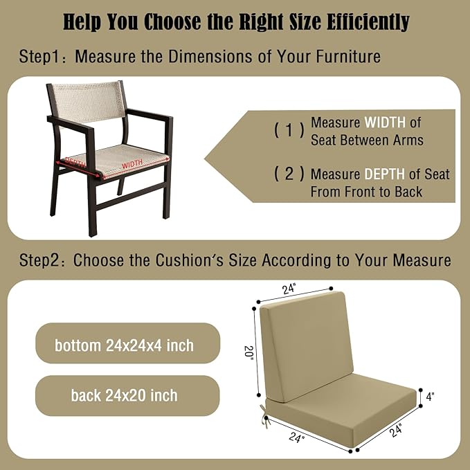 Outdoor Cushions for Patio Furniture 24x24, Outdoor Seat Cushion & Inclined Back Cushion with Ties, Waterproof Replacement Deep Seat Couch Sofa Chair Cushion for Backyard Garden Deck, Khaki
