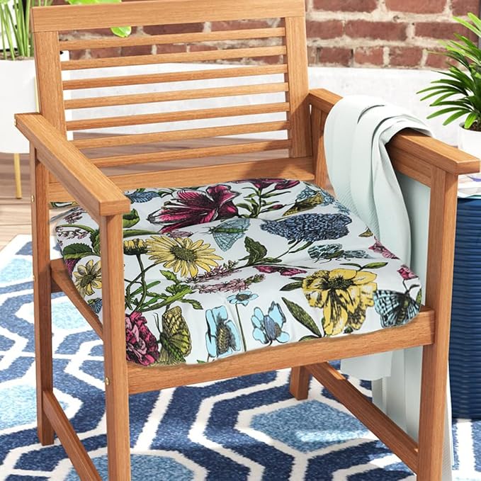 FUNHOME Outdoor Chair Cushions 19 x19 Inch,Water Resistant Tufted Seat Cushions 19",Reversible,Weather Resistant,Rounded Back Wicker Chair Cushion for Patio Garden Furniture(Butterfly Flower)