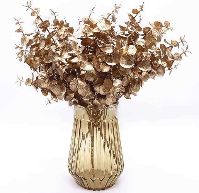 CATTREE Artificial Golden Eucalyptus Decorations, Fake Gold Plants Shrubs Faux Simulation Foliage for Wedding Party Indoor Hotel Hall Table Centerpieces Christmas DIY Decor Planting Filler - 4 Pack