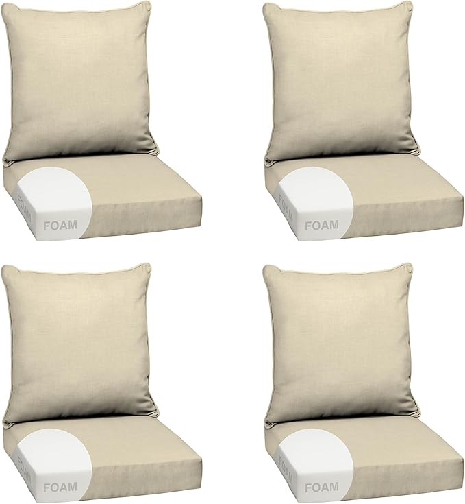 Arden Outdoor Foam Deep Seat Cushion Set (4-Pack), 24x24, Premium High-Density Foam, Never Flattens, Weather-Proof for Patio Chair Sofa Couch, Tan Leala