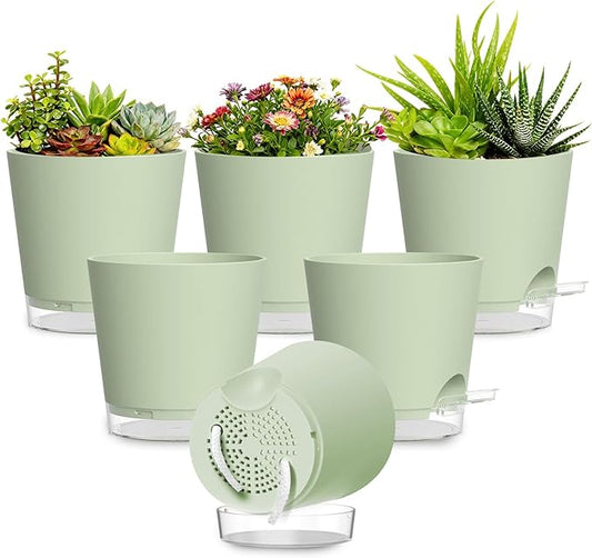 Plant Pots 7 Inch Self Watering Pots, 6 Pack Plastic Planters with Drainage Holes and Clear Saucers,Plastic Flower Pots for Indoor Out Door Plants(Green)
