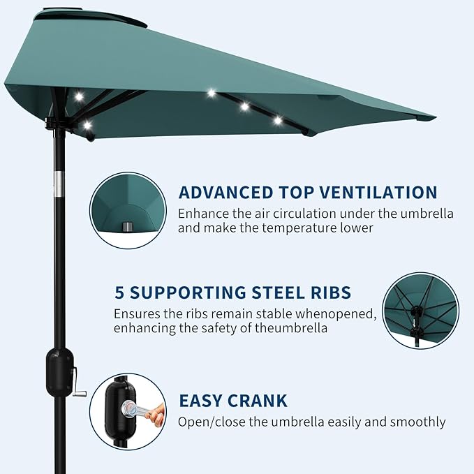 Garvee Patio Umbrella 9FT - Half Umbrella Outdoor with Solar LED Lights and Smooth Crank Lift, Outdoor Shade Canopy for Patio, Backyard, Garden, Deck, Balcony -Turquoise