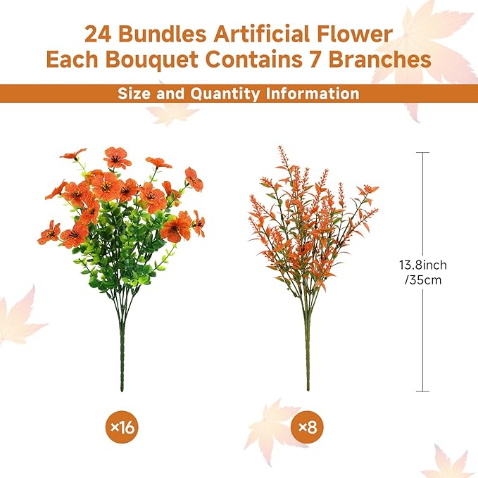 SHareconn 24 Bundles Artificial Flowers for Outdoors Decoration, Faux Plants Fake Silk Colorful Daisy Eucalyptus Lavender, UV Resistant for Outside Home Porch Patio Indoor Spring Decor, Orange