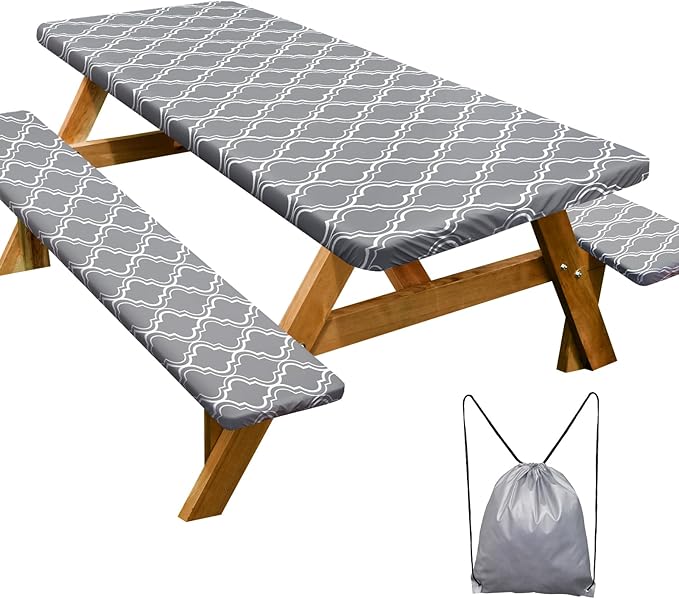 Play Tailor Picnic Table Cover with Bench Covers Camping Essentials Waterproof Windproof Camping Tablecloth with Drawstring Bag, Fitted Rectangle Tables and Seats, 72in, Grey