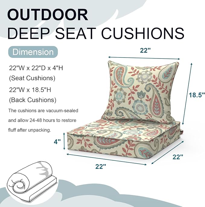 Outdoor Deep Seat Cushion Set, Water Repellent 22"x22" Patio Thick Cushions Replacement with Seat & Back Pillow for Patio Sofa, Wicker Chair, Couch - Paisley Vintage