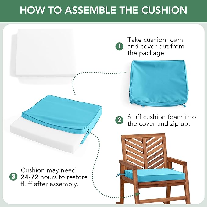 Outdoor Chair Cushions Set of 2: Waterproof & Color Fastness Seat Cushion for Patio Furniture - 22 x 22 x 3 Inch Chair Pads with Ties and Hidden Zipper - Patio Chair Cushion Replacement, Teal
