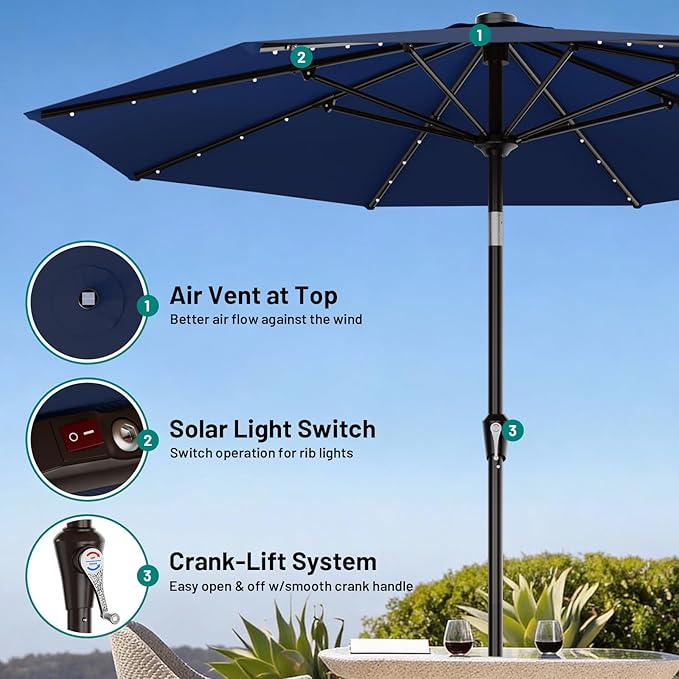 AreShark 9FT Patio Umbrella with Solar Lights, 32 LED Lighted Pool Umbrella w/Tilt and Crank, Outdoor Market Solar Umbrellas for Garden, Deck, Backyard, Pool and Beach, Navy