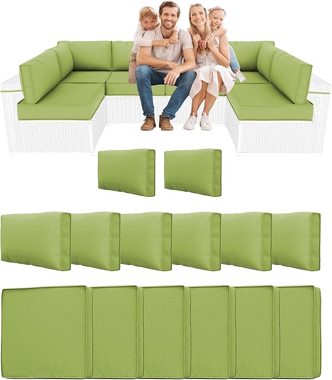 14 Piece Outdoor Sectional Cushions, Water-Resistant Outdoor Sofa Cushions Replacement, 4" High Density Foam Patio Furniture Cushions Fits 6-seat Rattan Conversation Set (Olive Green)