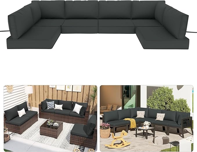 Patio Sectional Cushions, 14-Piece Replacement Cushions for Outdoor Furniture, Water-Resistant Outdoor Sofa Cushion for 6-Seat Rattan Wicker Sectional Conversation Sets (Dark Gray)