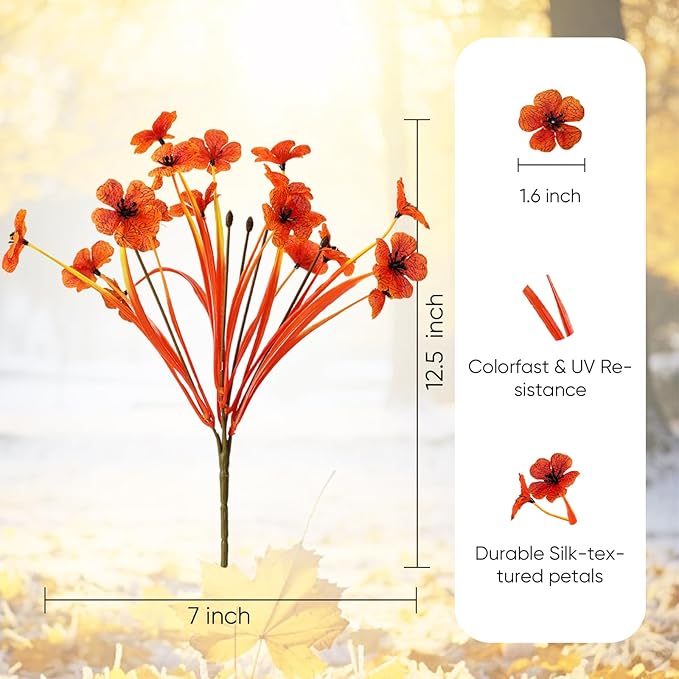 Artificial Mums Fall Fake Flowers for Outdoors, 12 Bundles Faux Mums for Outdoor Planters Autumn Decorations,UV Resistant Silk Flowers for Front Porch Garden Patio Home Decor(Sunset Orange-red)