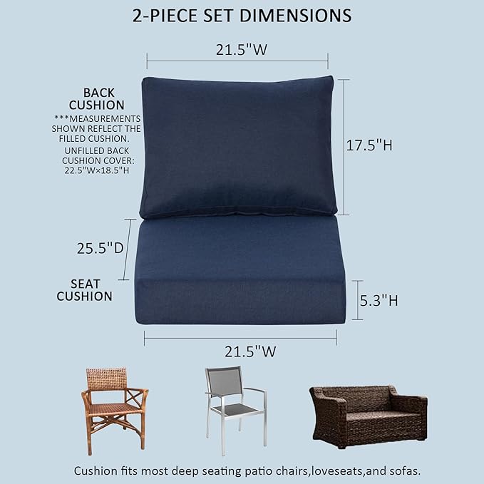 21.5x25.5 Inch Outdoor Deep Seat Cushions Set of 2,Thick High-Density Foam, Water-Resistant, Piped Edges & YKK Hidden Zipper for Patio Furniture,Midnight