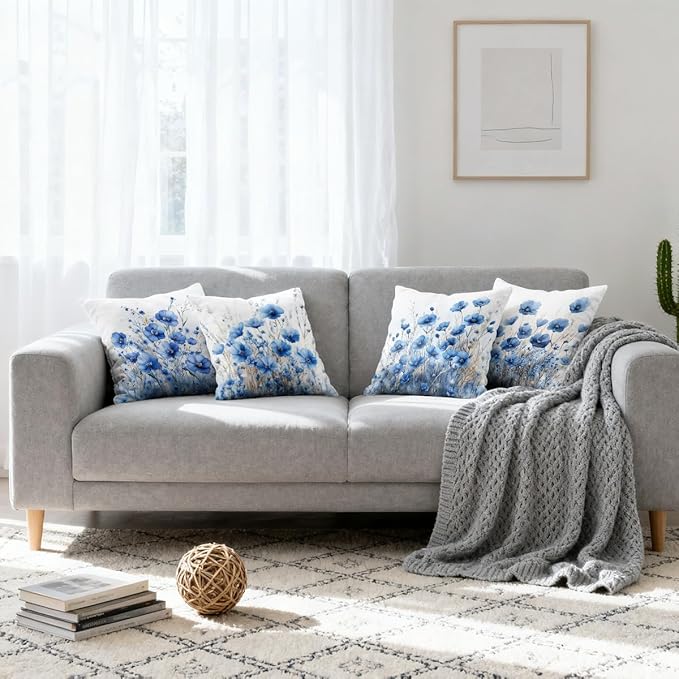 Blue Flower Pillow Covers 18x18 inch Set of 4, Modern Minimalist Botanical Decorative Throw Pillow Cases Holiday Decorations for Sofa Couch Farmhouse Home