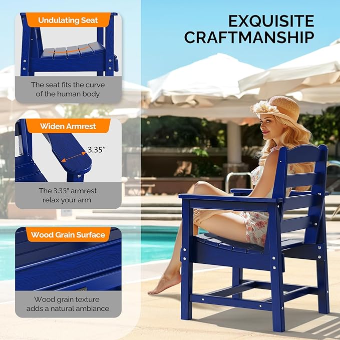 VINGLI Outdoor Dining Chairs Set of 2, HDPE Patio Chairs All-Weather Durable Garden Seating for Poolside, Deck, Porch (Navy Blue, 2 PCS)