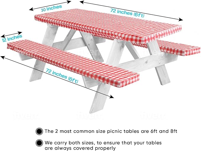 LINPRO 8ft Picnic Table Cover with Bench Covers Vinyl Fitted Picnic Table Covers with Elastic Camping Essentials and Picnic Tablecloth and RV Accessories