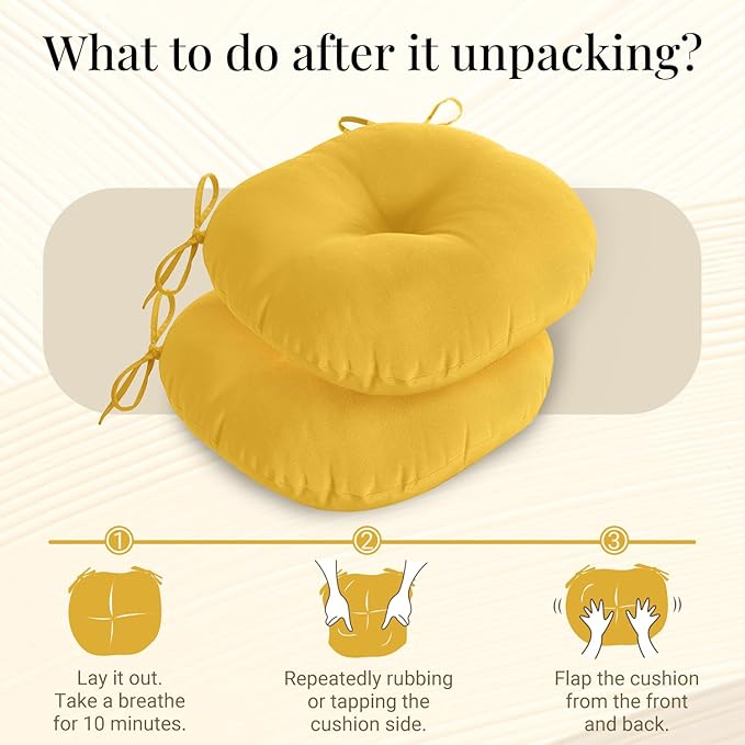 downluxe Bistro Chair Cushions for Patio Furniture, Water-Resistant Round Outdoor Chair Cushions Set of 2 with Non-Slip Ties, 15" x 15", Yellow