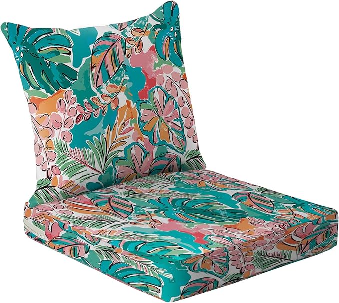 All Smiles Outdoor Chair Cushions for Patio Furniture Set of 24X24 Inch Deep Seat Waterproof Resistant Replacement Cushions with Removable Cover for Seat Yard Garden Deck，Pink and Teal