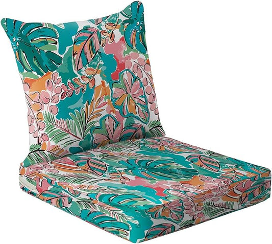All Smiles Outdoor Chair Cushions for Patio Furniture Set of 24X24 Inch Deep Seat Waterproof Resistant Replacement Cushions with Removable Cover for Seat Yard Garden Deck，Pink and Teal