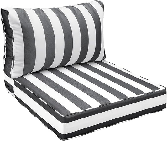 AAAAAcessories Outdoor Seat Cushions for Chairs, Fade-Resistant, Waterproof Patio Furniture Replacement Cushions, 23" x 23" x 5" + 23" x 13.5", Gray Cabana Stripe