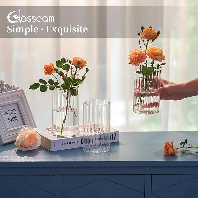 Glasseam Hurricane Glass Candle Holders: 6 Pcs Clear Candle Holders for Pillar Candles Ribbed Modern Candle Holder Decorative Cylinder Vases for Centerpiece Wedding Table Decoration 5.91’’