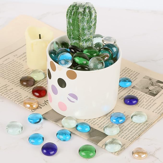 FUTUREPLUSX 1LB Multicolored Flat Glass Marbles, Mixed Glass Beads Vase Filler Mancala Stones Table Scatter Home Decor