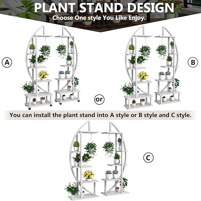 2 Pcs 6 Tier Tall Metal Indoor Plant Stand with Detachable Wheels, Plant Shelf Holder for Outdoor Clearance with Hanging Loop, Half-Moon-Shaped Multi-Purpose Plant Stands for Home Decor, Balcony,