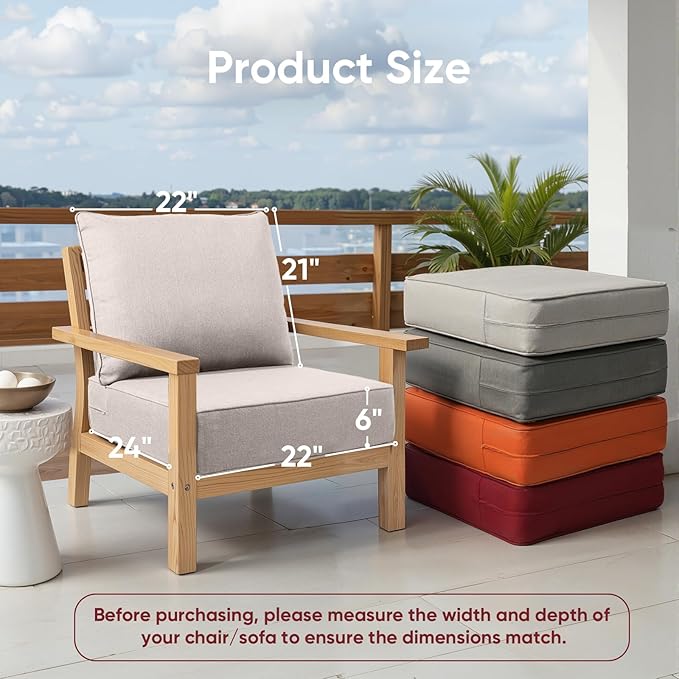 Outdoor Chair Cushion, 6 inch Thick Outdoor Cushions for Patio Furniture, 22x24 Waterproof Patio Chair Cushions, Include 1 Seat Cushion & 1 Back Pillow, Thick/Beige