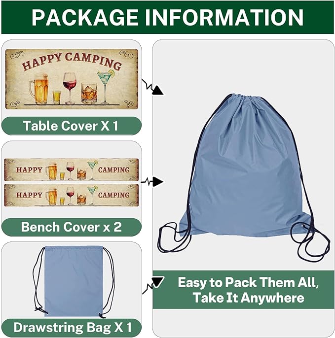 Picnic Table Cover with Bench Covers Elastic Edges, Vintage Camper Fitted Table Cover, Outdoor Camping Essentials 72 Inch 3PCS, Waterproof Camping Fitted Tablecloth with Drawstring Bag