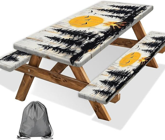 3PCS Picnic Table Cover with Bench Cover Forest Sunset Silhouette Wooden Patten Camping Tablecloth Fitted Picnic Table Cover with Elastic Windproof Waterproof Outdoor & Garden Camping Accessories 96IN