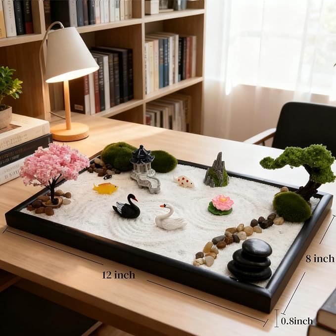 Zen Garden for Desk, Japanese Garden Home Office Desktop Decor for Meditation Sand Tray Therapy Kit,11.8'' X 7.9'' Large Size,Bamboo Rake Tools, Valentine's Day Gift
