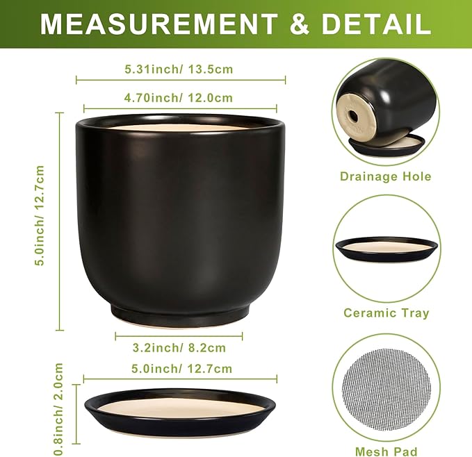 Ceramic Pot for Plants 5 Inch - Modern Round Indoor Planter for Cactus Succulent Plants with Drainage Hole and Saucer, Home Room House Office Decor, Black