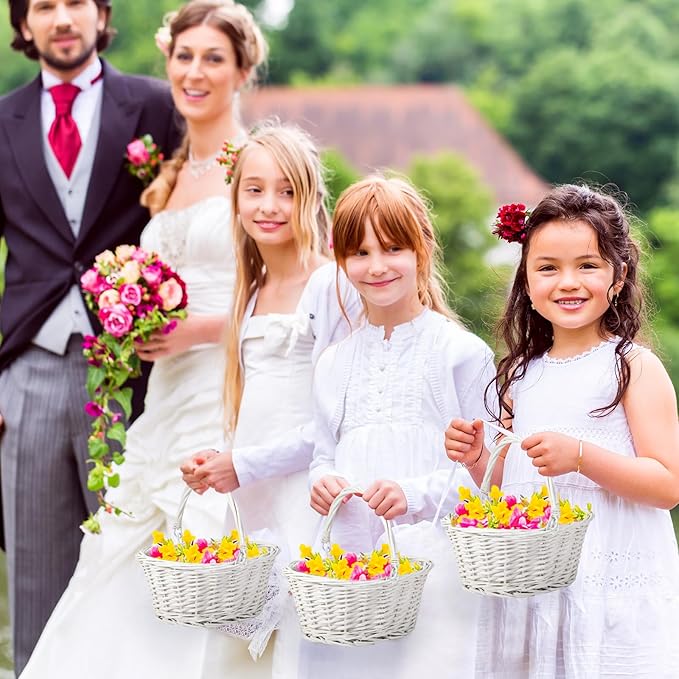 Barydat 6 Pcs Small Wicker Picnic Basket with Handle Flower Girl Baskets Oval Willow Woven Braided Gift Basket for Easter Weddings Baby Shower Home Garden Decor (White,9" x 7" x 4")