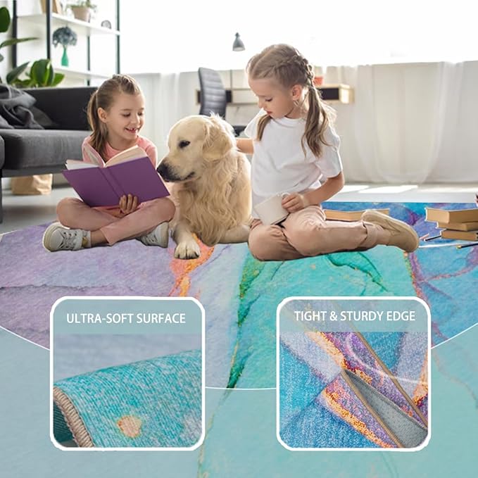 Abstract Washable Indoor Outdoor Rug, 8' x 10', Teal, Stain Resistant, Easy Clean, Modern Marble Abstract Teal Rug for Indoor/Outdoor Patio, Deck, Porch, Garden, Courtyard